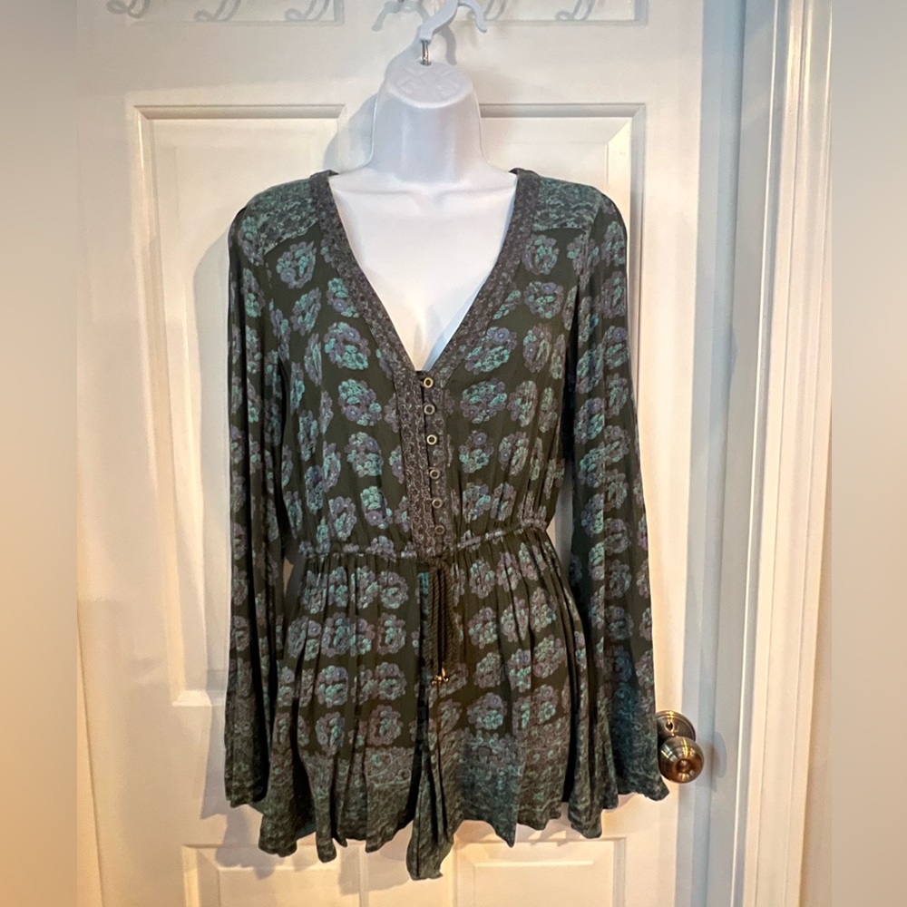 Ecote Green & Teal Floral Boho Long Sleeve Romper